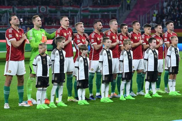 Fußball UEFA Nations League Deutschland - Ungarn am 23.09.2022 in der Red Bull Arena in Leipzig Teamfoto Mannschaftsfoto Ungarm DFB regulations prohibit any use of photographs as image sequences and or quasi-video.