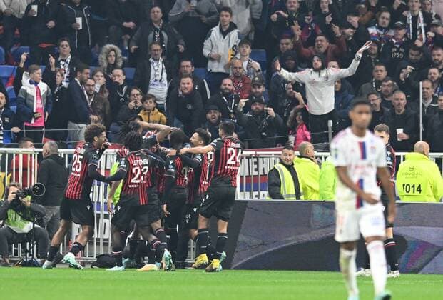 Fußball, Olympique Lyon - OGC Nizza Joie de Nicolas Pepe (nice) et de ses coÃ quipiers FOOTBALL: Olympique Lyonnais vs OGC Nice - Ligue 1 - 11 11 2022 FredericChambert Panoramic 