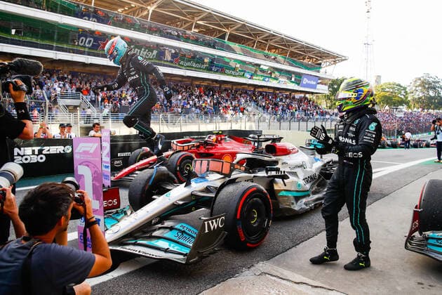 RUSSELL George (gbr), Mercedes AMG F1 Team W13, HAMILTON Lewis (gbr), Mercedes AMG F1 Team W13, portrait during the Formula 1 Heineken Grande Premio de Sao Paulo 2022, Sao Paulo Grand Prix Grand Prix 2022, 21st round of the 2022 FIA Formula One World Championship, WM, Weltmeisterschaft from November 11 to 13, 2022 on the Interlagos Circuit, in Sao Paulo, Brazil - F1 - SAO PAULO GRAND PRIX 2022 DPPI Panoramic 00122047__V2_0296