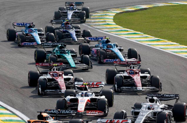 Start, 47 Mick Schumacher (DEU, Haas F1 Team), 24 Guanyu Zhou (CHN, Alfa Romeo F1 Team ORLEN), 77 Valtteri Bottas (FIN, Alfa Romeo F1 Team ORLEN), 18 Lance Stroll (CAN, Aston Martin Aramco Cognizant F1 Team), 31 Esteban Ocon (FRA, BWT Alpine F1 Team), F1 Grand Prix of Brazil at Autodromo Jose Carlos Pace on November 13, 2022 in Sao Paulo, Brazil. (Photo by HOCH ZWEI) Sao Paulo Brazil