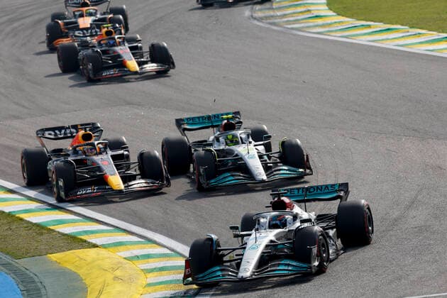 63 George Russell (GBR, Mercedes-AMG Petronas F1 Team), 1 Max Verstappen (NLD, Oracle Red Bull Racing), 44 Lewis Hamilton (GBR, Mercedes-AMG Petronas F1 Team), F1 Grand Prix of Brazil at Autodromo Jose Carlos Pace on November 13, 2022 in Sao Paulo, Brazil. (Photo by HOCH ZWEI) Sao Paulo Brazil