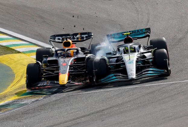 Crash between 1 Max Verstappen (NLD, Oracle Red Bull Racing) and 44 Lewis Hamilton (GBR, Mercedes-AMG Petronas F1 Team), F1 Grand Prix of Brazil at Autodromo Jose Carlos Pace on November 13, 2022 in Sao Paulo, Brazil. (Photo by HOCH ZWEI) Sao Paulo Brazil