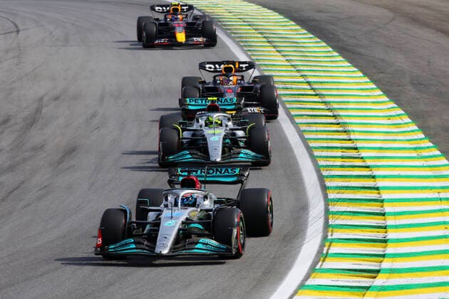 63 George Russell (GBR, Mercedes-AMG Petronas F1 Team), 44 Lewis Hamilton (GBR, Mercedes-AMG Petronas F1 Team), 1 Max Verstappen (NLD, Oracle Red Bull Racing), F1 Grand Prix of Brazil at Autodromo Jose Carlos Pace on November 13, 2022 in Sao Paulo, Brazil. (Photo by HOCH ZWEI) Sao Paulo Brazil