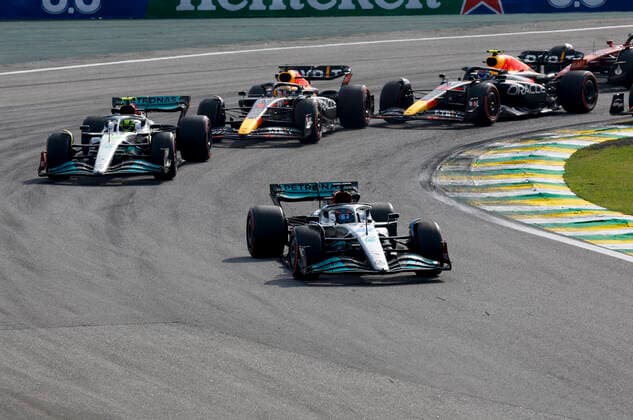 Start, 63 George Russell (GBR, Mercedes-AMG Petronas F1 Team), 44 Lewis Hamilton (GBR, Mercedes-AMG Petronas F1 Team), 1 Max Verstappen (NLD, Oracle Red Bull Racing), 11 Sergio Perez (MEX, Oracle Red Bull Racing), F1 Grand Prix of Brazil at Autodromo Jose Carlos Pace on November 13, 2022 in Sao Paulo, Brazil. (Photo by HOCH ZWEI) Sao Paulo Brazil