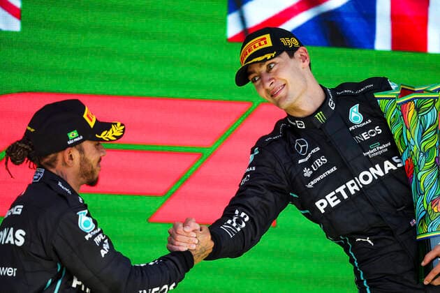 44 Lewis Hamilton (GBR, Mercedes-AMG Petronas F1 Team), 63 George Russell (GBR, Mercedes-AMG Petronas F1 Team), F1 Grand Prix of Brazil at Autodromo Jose Carlos Pace on November 13, 2022 in Sao Paulo, Brazil. (Photo by HOCH ZWEI) Sao Paulo Brazil