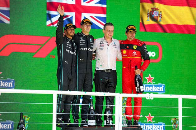 44 Lewis Hamilton (GBR, Mercedes-AMG Petronas F1 Team), 63 George Russell (GBR, Mercedes-AMG Petronas F1 Team), Riccardo Musconi (ITA, Mercedes-AMG Petronas F1 Team), 55 Carlos Sainz (ESP, Scuderia Ferrari), F1 Grand Prix of Brazil at Autodromo Jose Carlos Pace on November 13, 2022 in Sao Paulo, Brazil. (Photo by HOCH ZWEI) Sao Paulo Brazil