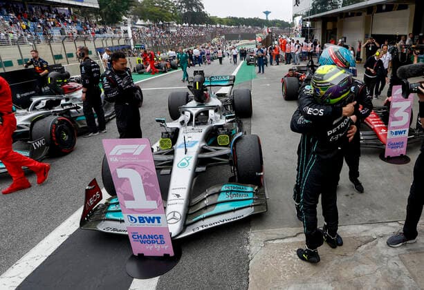 44 Lewis Hamilton (GBR, Mercedes-AMG Petronas F1 Team), 63 George Russell (GBR, Mercedes-AMG Petronas F1 Team), F1 Grand Prix of Brazil at Autodromo Jose Carlos Pace on November 13, 2022 in Sao Paulo, Brazil. (Photo by HOCH ZWEI) Sao Paulo Brazil