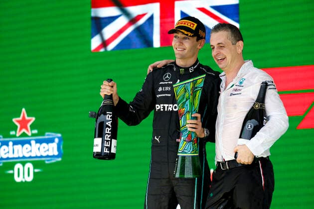63 George Russell (GBR, Mercedes-AMG Petronas F1 Team), Riccardo Musconi (ITA, Mercedes-AMG Petronas F1 Team), F1 Grand Prix of Brazil at Autodromo Jose Carlos Pace on November 13, 2022 in Sao Paulo, Brazil. (Photo by HOCH ZWEI) Sao Paulo Brazil