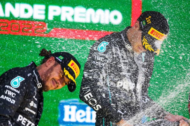 Podium: HAMILTON Lewis (gbr), Mercedes AMG F1 Team W13, RUSSELL George (gbr), Mercedes AMG F1 Team W13, portrait during the Formula 1 Heineken Grande Premio de Sao Paulo 2022, Sao Paulo Grand Prix Grand Prix 2022, 21st round of the 2022 FIA Formula One World Championship, WM, Weltmeisterschaft from November 11 to 13, 2022 on the Interlagos Circuit, in Sao Paulo, Brazil - F1 - SAO PAULO GRAND PRIX 2022 - RACE DPPI Panoramic 20221113_GOOD6140