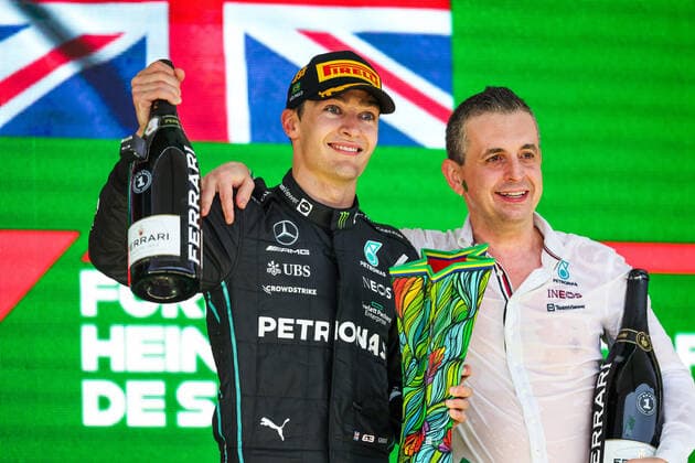 RUSSELL George (gbr), Mercedes AMG F1 Team W13, portrait podium during the Formula 1 Heineken Grande Premio de Sao Paulo 2022, Sao Paulo Grand Prix Grand Prix 2022, 21st round of the 2022 FIA Formula One World Championship, WM, Weltmeisterschaft from November 11 to 13, 2022 on the Interlagos Circuit, in Sao Paulo, Brazil - F1 - SAO PAULO GRAND PRIX 2022 - RACE DPPI Panoramic  20221113_GOOD6182