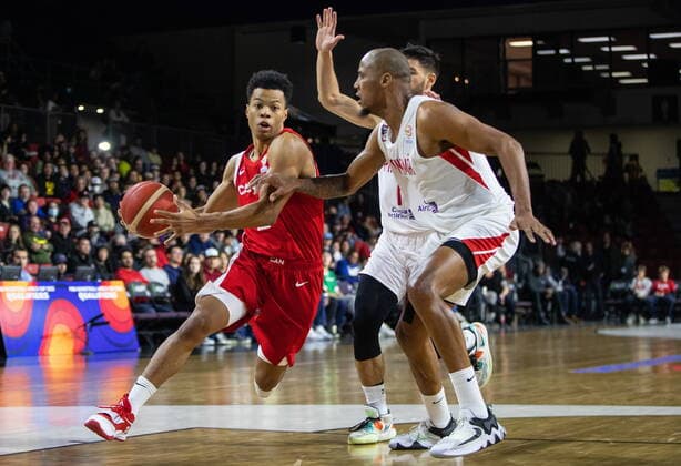 November 13, 2022, EDMONTON, AB, CANADA: Canada s Trae Bell-hates (2) gets around Panama s Ernesto Ogivie (11) during first half FIBA World Cup Qualifiers action in Edmonton, Sunday, Nov. 13, 2022. Canada News - November 13, 2022  - ZUMAc35_ 20221113_zaf_c35_138 Copyright: xJasonxFransonx