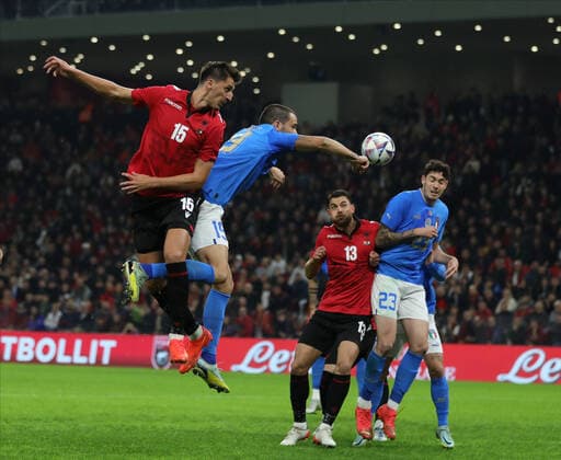 Marash Kumbulla of Albania and Leonardo Bonucci of Italy during the football friendly football game between the national teams of Albania and Italy, at Air Albania Stadium on 15 November 2022, Tirana, Albania. Photo Nderim Kaceli  Copyright: xNderimxKacelix xipa-agency.netx xLivexMediax 0 IPA_IPA34534313