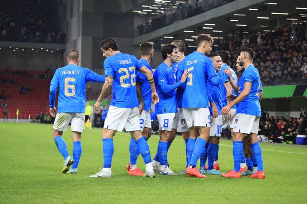 Vincenzo Grifo of Italy celebrating with team mates after a goal during the football friendly football game between the national teams of Albania and Italy, at Air Albania Stadium on 16 November 2022, Tirana, Albania. Photo Nderim Kaceli  Copyright: xNderimxKacelix xipa-agency.netx xLivexMediax 0 IPA_IPA34537123