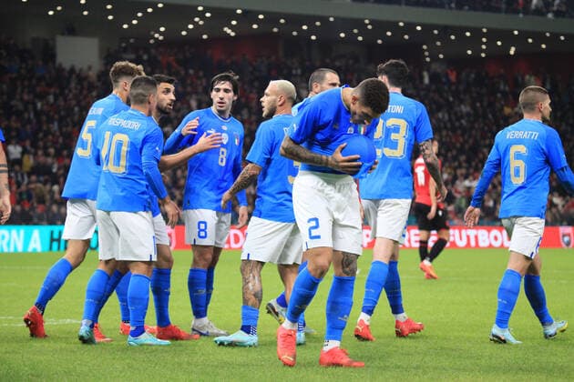Giovanni Di Lorenzo of Italy celebrating with team mates after a goal during the football friendly football game between the national teams of Albania and Italy, at Air Albania Stadium on 16 November 2022, Tirana, Albania. Photo Nderim Kaceli  Copyright: xNderimxKacelix xipa-agency.netx xLivexMediax 0 IPA_IPA34537159