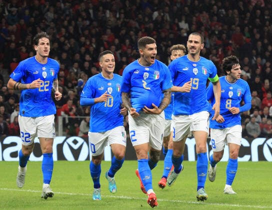 Giovanni Di Lorenzo of Italy celebrating with team mates after a goal during the football friendly football game between the national teams of Albania and Italy, at Air Albania Stadium on 16 November 2022, Tirana, Albania. Photo Nderim Kaceli  Copyright: xNderimxKacelix xipa-agency.netx xLivexMediax 0 IPA_IPA34537219