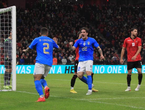 Nicolo Zaniolo of Italy and Giovanni Di Lorenzo of Italy during the football friendly football game between the national teams of Albania and Italy, at Air Albania Stadium on 16 November 2022, Tirana, Albania. Photo Nderim Kaceli  Copyright: xNderimxKacelix xipa-agency.netx xLivexMediax 0 IPA_IPA34537223