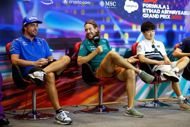14 Fernando Alonso (ESP, BWT Alpine F1 Team), 5 Sebastian Vettel (DEU, Aston Martin Aramco Cognizant F1 Team), 22 Yuki Tsunoda (JPN, Scuderia AlphaTauri), F1 Grand Prix of Abu Dhabi at Yas Marina Circuit on November 17, 2022 in Abu Dhabi, United Arab Emirates. (Photo by HOCH ZWEI) Abu Dhabi United Arab Emirates