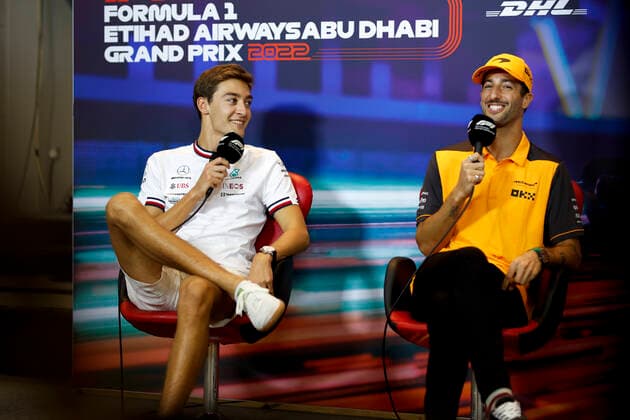 63 George Russell (GBR, Mercedes-AMG Petronas F1 Team), 3 Daniel Ricciardo (AUS, McLaren F1 Team), F1 Grand Prix of Abu Dhabi at Yas Marina Circuit on November 17, 2022 in Abu Dhabi, United Arab Emirates. (Photo by HOCH ZWEI) Abu Dhabi United Arab Emirates