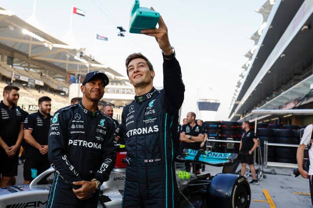 44 Lewis Hamilton (GBR, Mercedes-AMG Petronas F1 Team), 63 George Russell (GBR, Mercedes-AMG Petronas F1 Team), F1 Grand Prix of Abu Dhabi at Yas Marina Circuit on November 17, 2022 in Abu Dhabi, United Arab Emirates. (Photo by HOCH ZWEI) Abu Dhabi United Arab Emirates