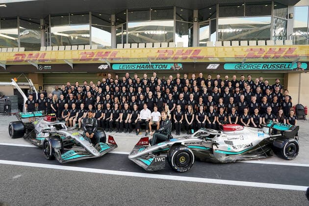 FORMULA 1 ETIHAD AIRWAYS ABU DHABI GRAND PRIX 2022 17.11.2022, Yas Marina Circuit, Abu Dhabi, FORMULA 1 ETIHAD AIRWAYS ABU DHABI GRAND PRIX 2022 , im Bild Mercedes Teamfoto mit den Fahrern Lewis Hamilton (GBR), Mercedes-AMG Petronas Formula One Team und George Russell (GBR), Mercedes-AMG Petronas Formula One Team..