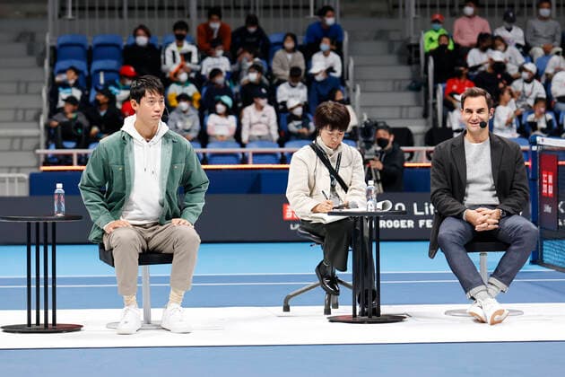 November 19, 2022, Tokyo, Japan: (L to R) Kei Nishikori and Roger Federer speak during a talk show at Ariake Coliseum for the UNIQLO LifeWear Day Tokyo 2022 with Roger Federer event in Tokyo. Federer and his fellow UNIQLO Global Brand Ambassadors, Kei Nishikori, and wheelchair tennis champions Shingo Kunieda and Gordon Reid. Federer took part in a unique program that includes coaching and mentoring session for children. Tokyo Japan - ZUMAm191 0194516705st Copyright: xRodrigoxReyesxMarinx