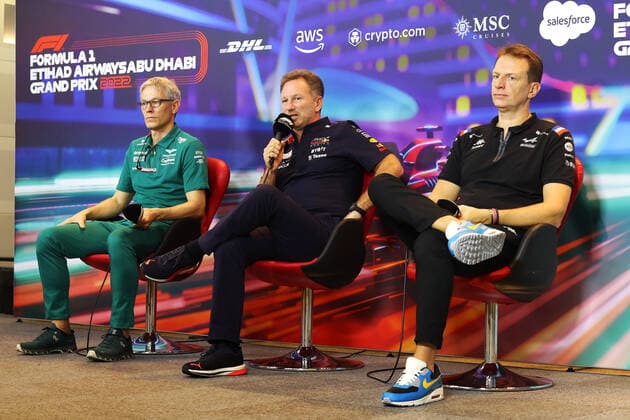 KRACK Mike (her), Team Principal and CEO of Aston Martin F1 Team, HORNER Christian (gbr), Team Principal of Red Bull Racing, ROSSI Laurent (fra), CEO of Alpine, portrait, press conference, PK, Pressekonferenz during the Formula 1 Etihad Airways Abu Dhabi Grand Prix 2022, 22nd round of the 2022 FIA Formula One World Championship, WM, Weltmeisterschaft from November 18 to 20, 2022 on the Yas Marina Circuit, in Yas Island, Abu Dhabi - F1 - ABU DHABI GRAND PRIX 2022 DPPI Panoramic GP2222_081136177A3570