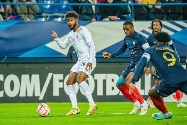 Emil Konradsen (NorvÃ ge) FOOTBALL : France U21, U 21 vs Norvege U21 - Amical international - 19 11 2022 BaptisteAutissier Panoramic 