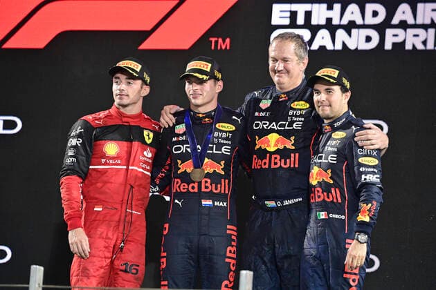 16 Charles Leclerc (MCO, Scuderia Ferrari), 1 Max Verstappen (NLD, Oracle Red Bull Racing), Olaf Janssen (Oracle Red Bull Racing), 11 Sergio Perez (MEX, Oracle Red Bull Racing), F1 Grand Prix of Abu Dhabi at Yas Marina Circuit on November 20, 2022 in Abu Dhabi, United Arab Emirates. (Photo by HOCH ZWEI) Abu Dhabi United Arab Emirates