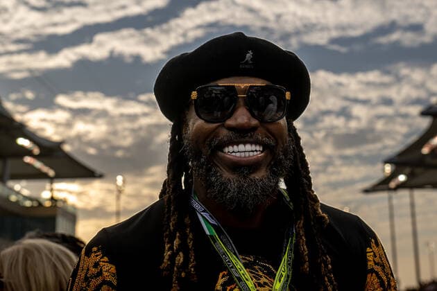 ABU DHABI, UNITED ARAB EMIRATES: Chris Gayle, at the 2022 Formula 1 Abu Dhabi Grand Prix at the Yas Marina Circuit in Abu Dhabi, United Arab Emirates.