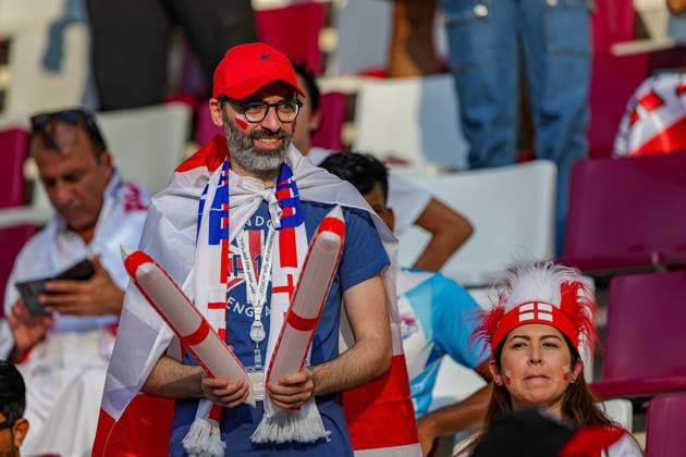 England v Iran 2022 FIFA World Cup, WM, Weltmeisterschaft, Fussball 21 11 2022. Match Three England fans during the 2022 Fifa World Cup match between England and Iran at Khalifa International Stadium, Doha, Qatar on 21 November 2022. Editorial use only , Copyright: xNigelxKeenex PSI-16401-0058