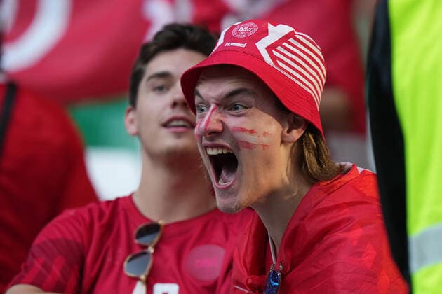 QAT, WM FIFA 2022, Group D, Dänemark vs Tunesien 22.11.2022, Education City Stadium, Doha, QAT, WM FIFA 2022, Group D, Dänemark vs Tunesien, im Bild Dänische Fans feiern auf den Tribünen.. *** QAT, World Cup FIFA 2022, Group D, Denmark vs Tunisia 22 11 2022, Education City Stadium, Doha, QAT, World Cup FIFA 2022, Group D, Denmark vs Tunisia, in picture Danish fans celebrate in the stands nordphotoxGmbHx xBratic nph00250