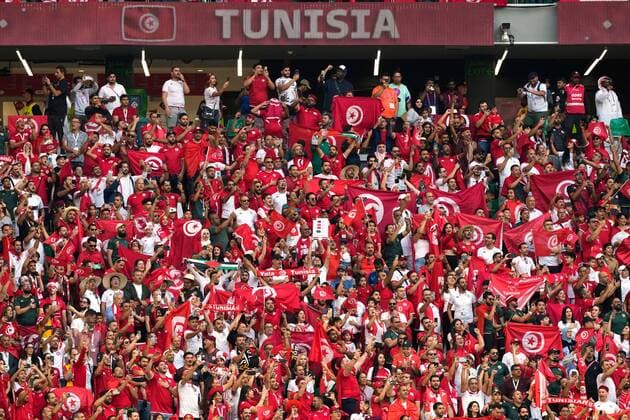 Mandatory Credit: Photo by Dave Shopland Shutterstock (13626441ap) Tunisian fans sing the National Anthem Denmark v Tunisia, FIFA World Cup, WM, Weltmeisterschaft, Fussball 2022, Group D, Football, Education City Stadium, Doha, Qatar - 22 Nov 2022 Editorial Use Only Denmark v Tunisia, FIFA World Cup 2022, Group D, Football, Education City Stadium, Doha, Qatar - 22 Nov 2022 Editorial Use Only  Copyright: xDavexShopland Shutterstockx 13626441ap