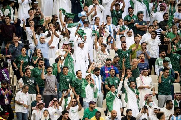 LUSAIL CITY, QATAR - NOVEMBER 22: Saudi Arabia fans look on during the FIFA World Cup, WM, Weltmeisterschaft, Fussball Qatar 2022 Group C match between Argentina and Saudi Arabia at Lusail Stadium on November 22, 2022 in Lusail City, Qatar. (Photo by Sebastian Frej) WCS  Copyright: xSebastianxFrej
