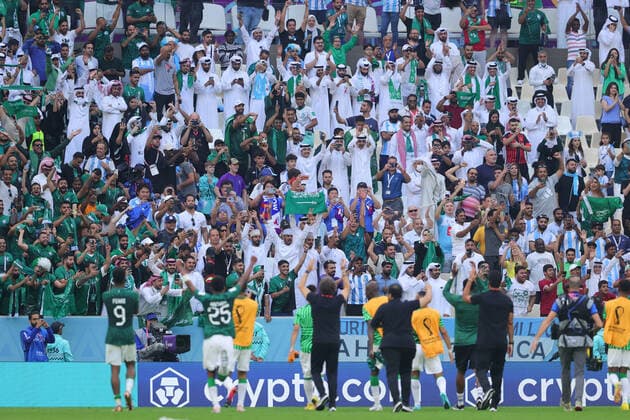 Saudi players celebrate with the fans after defeating Argentina during the FIFA World Cup, WM, Weltmeisterschaft, Fussball Qatar 2022 Group C match between Argentina and Saudi Arabia at Lusail Stadium, Lusail, Qatar on 22 November 2022. Copyright: xPeterxDovganx 34630108