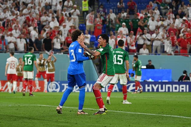 Mexico vs Poland DOHA, CA - 22.11.2022: MEXICO VS POLAND - Guillermo Ochoa and Edson Álvarez of Mexico during the match between Mexico and Poland, valid for the group stage of the World Cup, held at 974 Stadium in Doha, Qatar. (Photo: Richard Callis Fotoarena) x2297309x  RichardxCallis