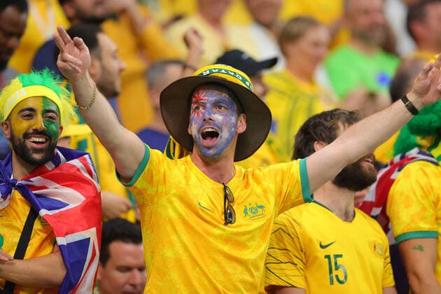 Australian fans celebrate a goal during the FIFA World Cup, WM, Weltmeisterschaft, Fussball Qatar 2022 Group D match between France and Australia at Al Wakrah Sports Club, Al Wakrah, Qatar on 22 November 2022. Copyright: xPeterxDovganx 34450012