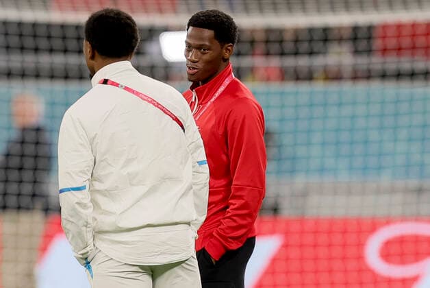 Belgium s Lois Openda and Canadian Jonathan David pictured ahead of a soccer game between Belgium s national team, Nationalteam the Red Devils and Canada, in Group F of the FIFA 2022 World Cup in Al Rayyan, State of Qatar on Wednesday 23 November 2022. BRUNOxFAHY  x53190512x