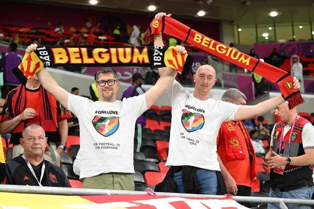 DOHA, QATAR - NOVEMBER 23 : Some belgian supporters - fans with the OneLove t-shirt pictured during the FIFA World Cup, WM, Weltmeisterschaft, Fussball Qatar 2022 Groupe F match between Belgium and Canada at the Ahmad Bin Ali Stadium on November 23, 2022 in Doha, Qatar, 23 11 2022 ( Belgium v Canada - FIFA World Cup Qatar 2022 PhotoNews Panoramic 