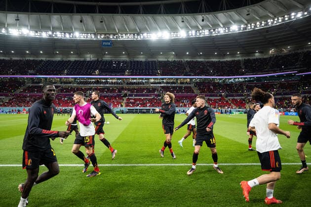 221123 Players of Belgium during warmup ahead of the FIFA World Cup, WM, Weltmeisterschaft, Fussball 2022 football match between Belgium and Canada on November 23, 2022 in Doha. Photo: Joel Marklund BILDBYRAN kod JM JM0385 bbeng fotboll football soccer fotball vm fotbolls-vm fotball-vm fotbolls-vm 2022 fifa world cup 2022 belgien belgium kanada canada Copyright: JOELxMARKLUND BB221123JM107