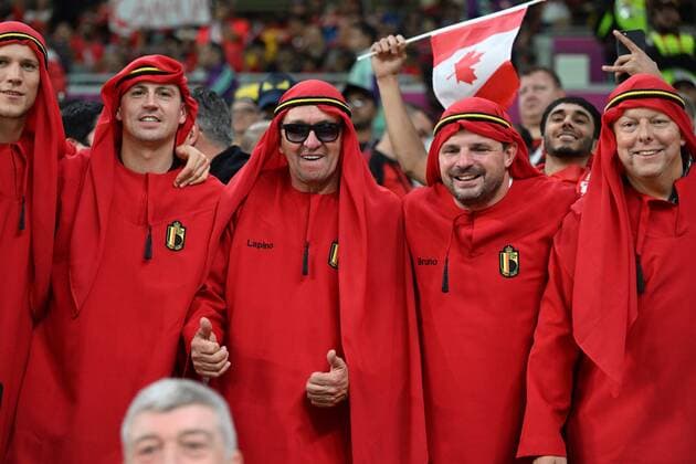 DOHA, QATAR - NOVEMBER 23 : Some belgian supporters - fans pictured during the FIFA World Cup, WM, Weltmeisterschaft, Fussball Qatar 2022 Groupe F match between Belgium and Canada at the Ahmad Bin Ali Stadium on November 23, 2022 in Doha, Qatar, 23 11 2022 ( Belgium v Canada - FIFA World Cup Qatar 2022 PhotoNews Panoramic 