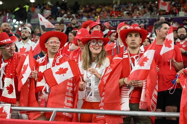 DOHA, QATAR - NOVEMBER 23 : Some Canadian supporters - fans pictured during the FIFA World Cup, WM, Weltmeisterschaft, Fussball Qatar 2022 Groupe F match between Belgium and Canada at the Ahmad Bin Ali Stadium on November 23, 2022 in Doha, Qatar, 23 11 2022 ( Belgium v Canada - FIFA World Cup Qatar 2022 PhotoNews Panoramic 