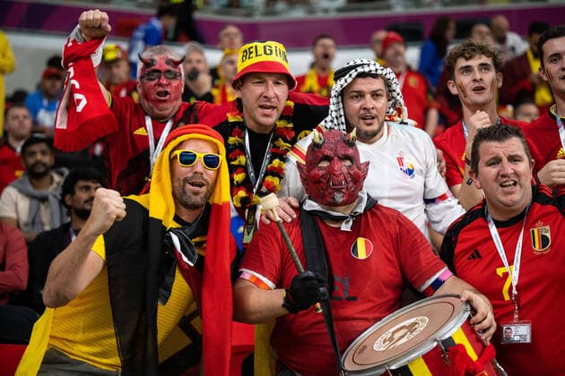 221123 Fans of Belgium during the FIFA World Cup, WM, Weltmeisterschaft, Fussball 2022 football match between Belgium and Canada on November 23, 2022 in Doha. Photo: Joel Marklund BILDBYRAN kod JM JM0385 bbeng fotboll football soccer fotball vm fotbolls-vm fotball-vm fotbolls-vm 2022 fifa world cup 2022 belgien belgium kanada canada publik Copyright: JOELxMARKLUND BB221123JM108