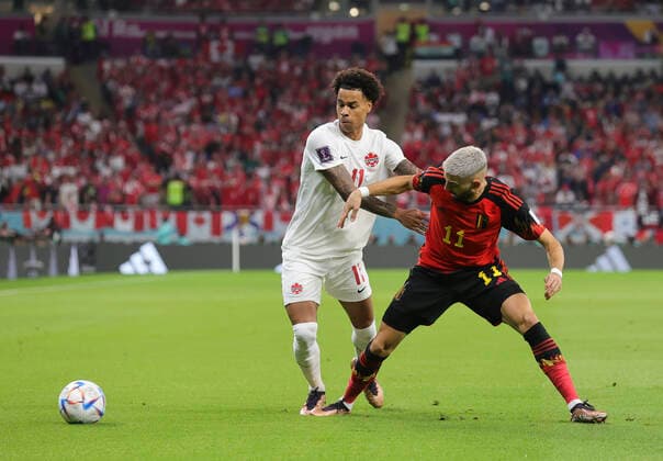 Belgium v Canada 2022 FIFA World Cup, WM, Weltmeisterschaft, Fussball Tajon Buchanan of Canada battles with Yannick Ferreira Carrasco of Belgium during the 2022 FIFA World Cup Group F match at Ahmad Bin Ali Stadium, Al-Rayyan Content Not Available For UK Newspapers Copyright: xPaulxChestertonx FIL-17640-0048 UK Newspapers OUT
