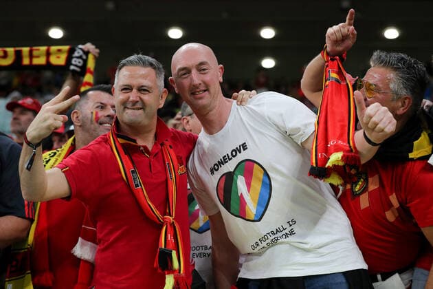 23rd November 2022; Ahmed bin Ali Stadium, Al Rayyan, Qatar; FIFA World Cup, WM, Weltmeisterschaft, Fussball Football, Belgium versus Canada; Belgium fan wearing a One Love Rainbow Heart t-shirt inside Ahmed bin Ali Stadium  ActionPlus12452081 JohnxPatrickxFletcher