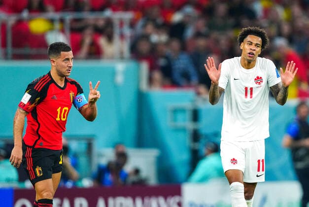 Mandatory Credit: Photo by Javier Garcia Shutterstock (13626489y) Captain Eden Hazard of Belgium looks to the referee after being fouled twice by Tajon Buchanan of Canada Belgium v Canada, FIFA World Cup, WM, Weltmeisterschaft, Fussball 2022, Group F, Football, Ahmad Bin Ali Stadium, Ar-Rayyan, Qatar - 23 Nov 2022 Editorial Use Only Belgium v Canada, FIFA World Cup 2022, Group F, Football, Ahmad Bin Ali Stadium, Ar-Rayyan, Qatar - 23 Nov 2022 Editorial Use Only  Copyright: xJavierxGarcia Shutterstockx 13626489y