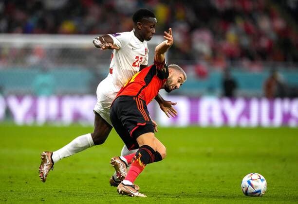 Mandatory Credit: Photo by Dave Shopland Shutterstock (13626494am) Yannick Ferreira Carrasco of Belgium and Richie Laryea of Canada Belgium v Canada, FIFA World Cup, WM, Weltmeisterschaft, Fussball 2022, Group F, Football, Ahmad Bin Ali Stadium, Ar-Rayyan, Qatar - 23 Nov 2022 Editorial Use Only Belgium v Canada, FIFA World Cup 2022, Group F, Football, Ahmad Bin Ali Stadium, Ar-Rayyan, Qatar - 23 Nov 2022 Editorial Use Only  Copyright: xDavexShopland Shutterstockx 13626494am