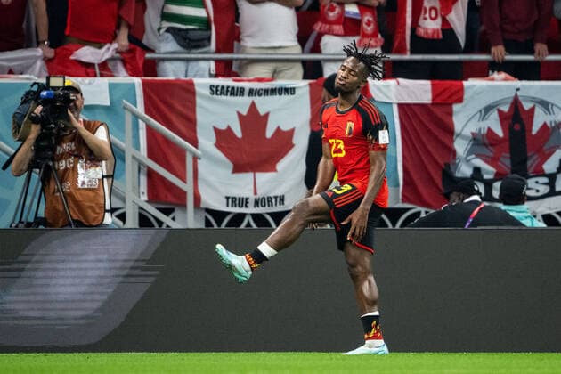 221123 Michy Batshuayi of Belgium celebrates after 1-0 during the FIFA World Cup, WM, Weltmeisterschaft, Fussball 2022 football match between Belgium and Canada on November 23, 2022 in Doha. Photo: Joel Marklund BILDBYRAN kod JM JM0385 bbeng fotboll football soccer fotball vm fotbolls-vm fotball-vm fotbolls-vm 2022 fifa world cup 2022 belgien belgium kanada canada jubel Copyright: JOELxMARKLUND BB221123JM134