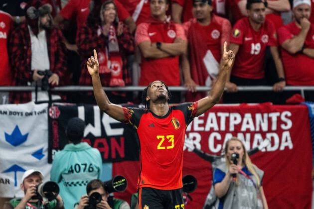 221123 Michy Batshuayi of Belgium celebrates after 1-0 during the FIFA World Cup, WM, Weltmeisterschaft, Fussball 2022 football match between Belgium and Canada on November 23, 2022 in Doha. Photo: Joel Marklund BILDBYRAN kod JM JM0385 bbeng fotboll football soccer fotball vm fotbolls-vm fotball-vm fotbolls-vm 2022 fifa world cup 2022 belgien belgium kanada canada jubel Copyright: JOELxMARKLUND BB221123JM135