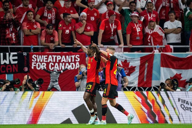 221123 Michy Batshuayi of Belgium celebrates with Timothy Castagne after 1-0 during the FIFA World Cup, WM, Weltmeisterschaft, Fussball 2022 football match between Belgium and Canada on November 23, 2022 in Doha. Photo: Joel Marklund BILDBYRAN kod JM JM0385 bbeng fotboll football soccer fotball vm fotbolls-vm fotball-vm fotbolls-vm 2022 fifa world cup 2022 belgien belgium kanada canada jubel Copyright: JOELxMARKLUND BB221123JM136
