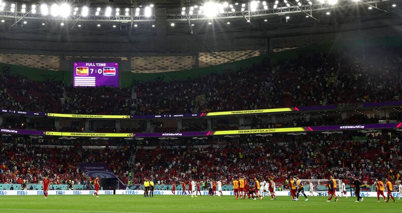 (221123) -- DOHA, Nov. 23, 2022 -- Players react after the Group E match between Spain and Costa Rica at the 2022 FIFA World Cup, WM, Weltmeisterschaft, Fussball at Al Thumama Stadium in Doha, Qatar, Nov. 23, 2022. ) (SP)QATAR-DOHA-2022 WORLD CUP-GROUP E-ESP VS CRC LixMing 